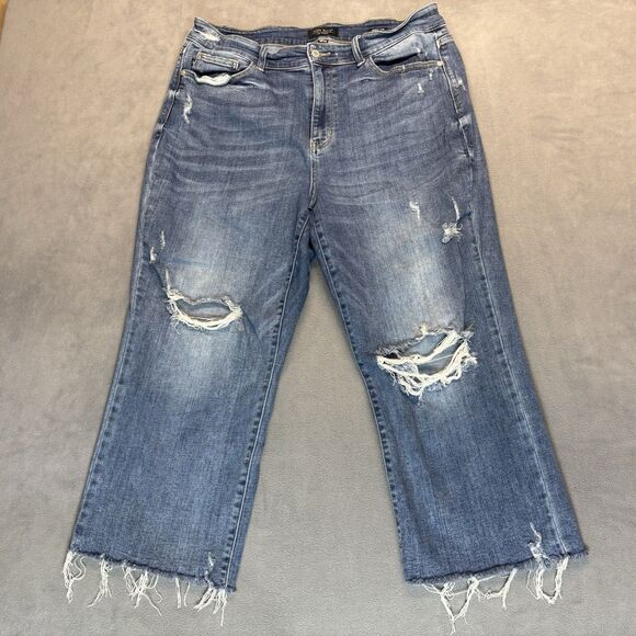 Judy Blue Womens 18W Wide Leg Distressed Jeans Raw Hem Stretch Denim Blue - Picture 1 of 8